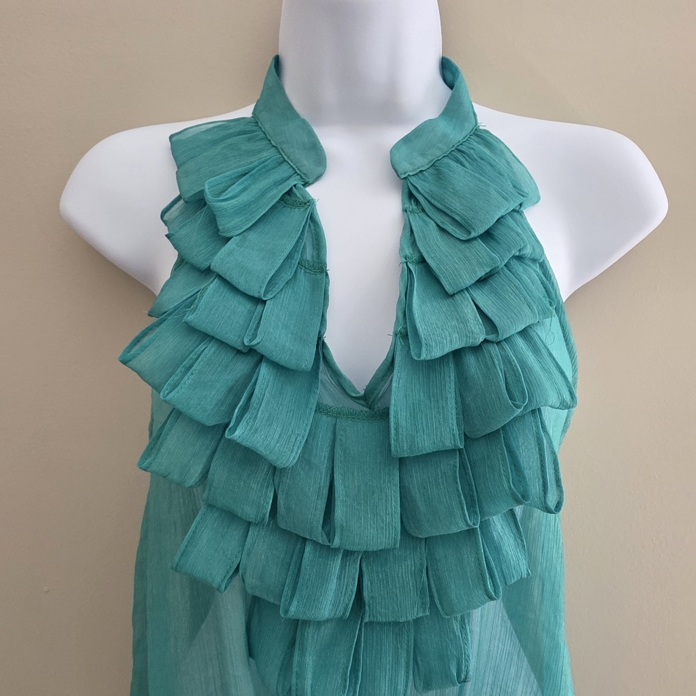 Ruffle Chiffon V-neck Bubble Sheer Sleeveless Sheer Shimmer Medium Top